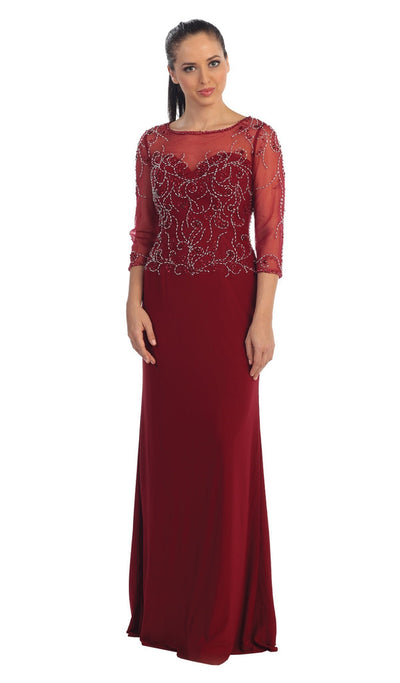 Dancing Queen - 9190 Jewel Embellished Sheer Bodice Quarter Sleeves Formal Dress Formal Gowns XS / Burgundy