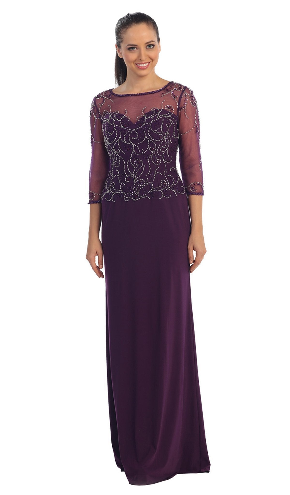 Dancing Queen - 9190 Jewel Embellished Sheer Bodice Quarter Sleeves Formal Dress Formal Gowns XS / Plum