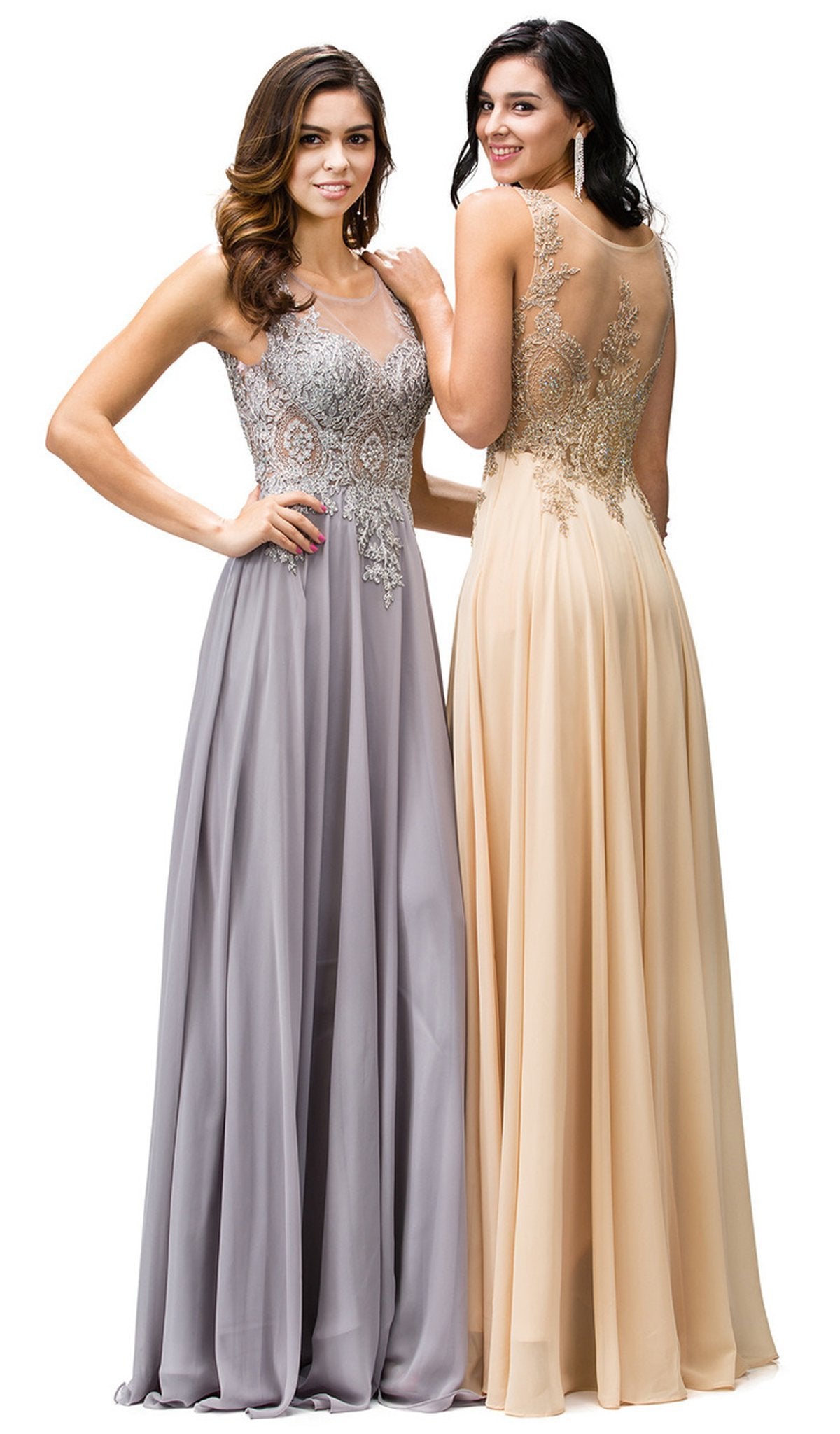 Dancing Queen - 9191 Lace Appliqued Chiffon Prom Dress Special Occasion Dress XS / Champagne