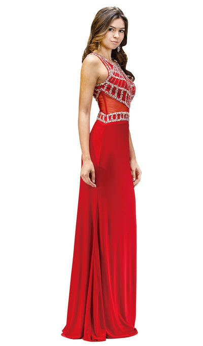 Dancing Queen - 9230 Bejeweled Illusion Scoop Prom Dress Special Occasion Dress XS / Red