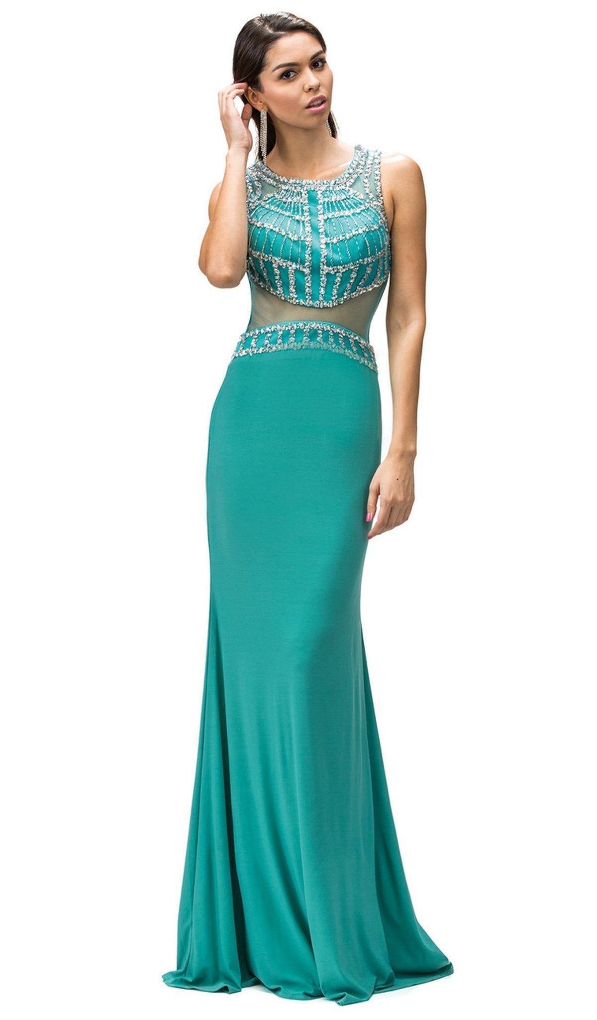 Dancing Queen - 9230 Bejeweled Illusion Scoop Prom Dress Special Occasion Dress XS / Teal