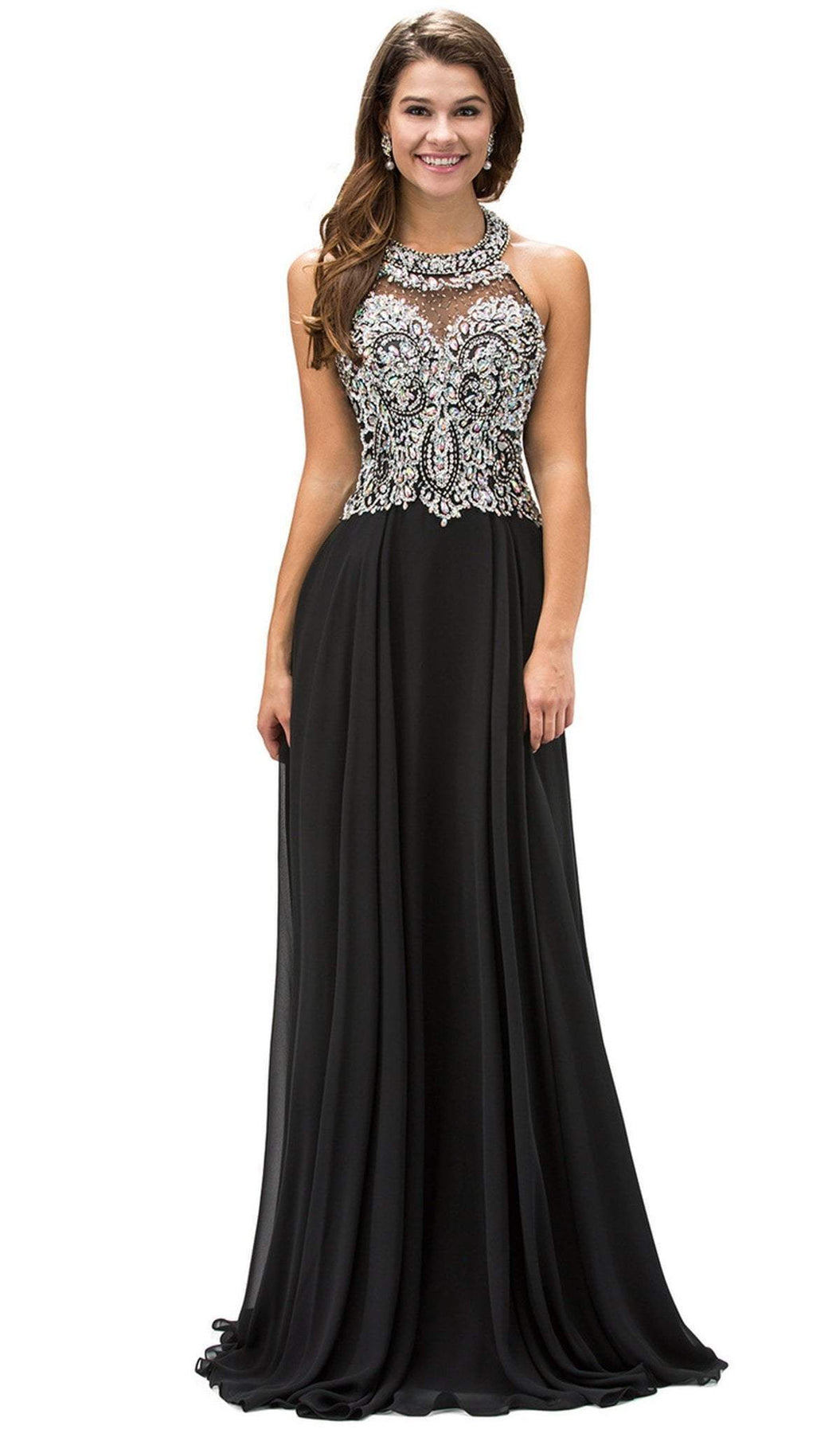 Dancing Queen - 9233 Jewel Adorned Illusion Chiffon Prom Dress Prom Dresses XS / Black
