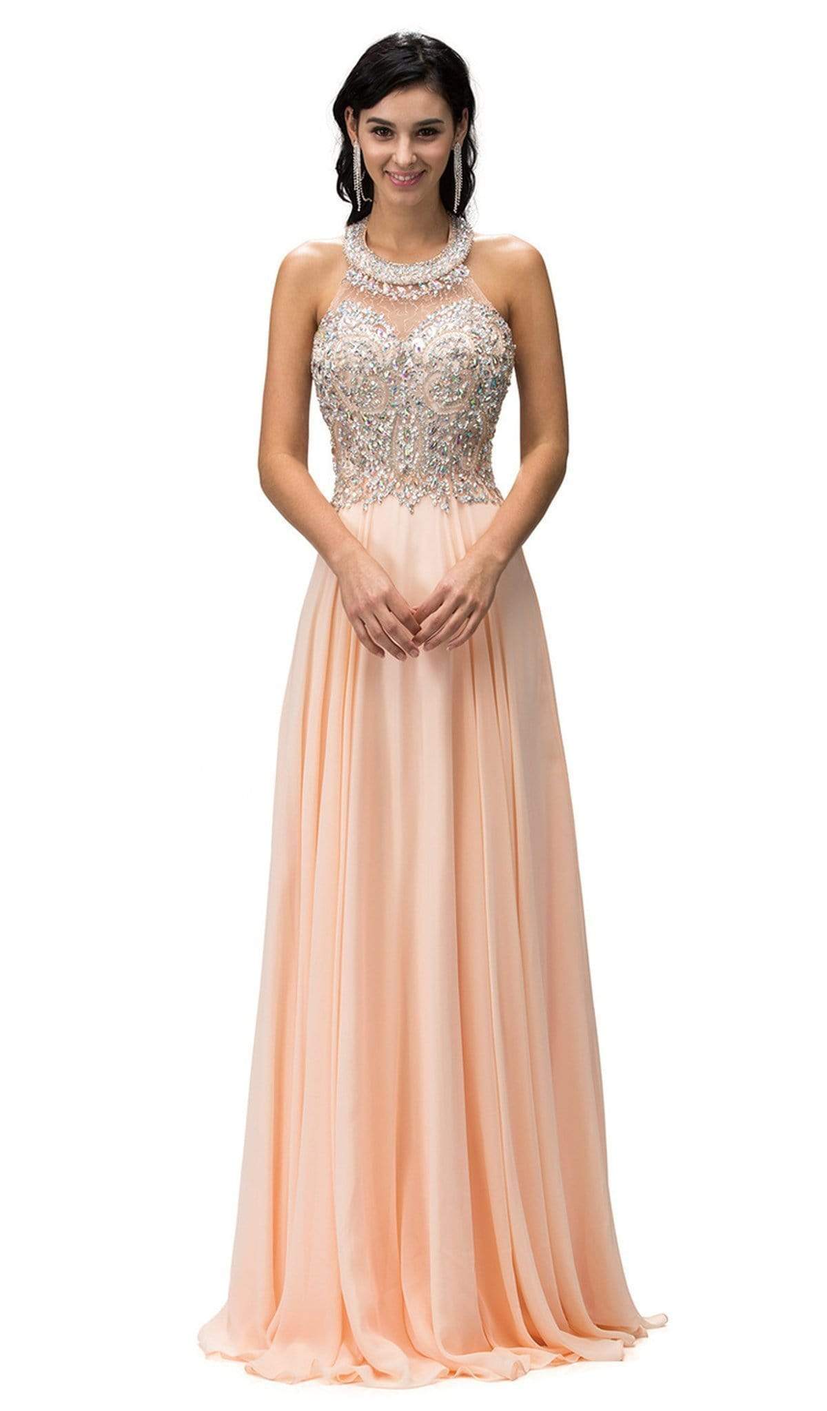 Dancing Queen - 9233 Jewel Adorned Illusion Chiffon Prom Dress Prom Dresses XS / Peach