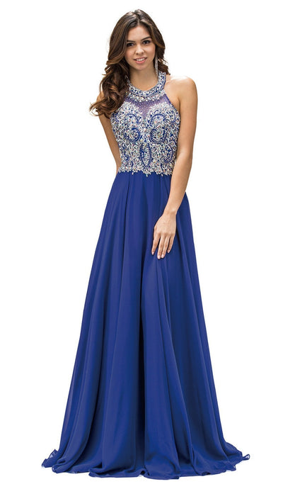 Dancing Queen - 9233 Jewel Adorned Illusion Chiffon Prom Dress Special Occasion Dress XS / Royal Blue
