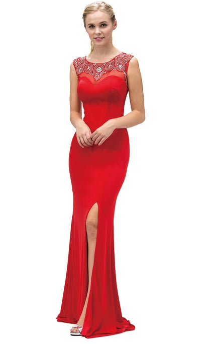 Dancing Queen - 9249 Bejeweled Illusion Evening Dress Special Occasion Dress XS / Red