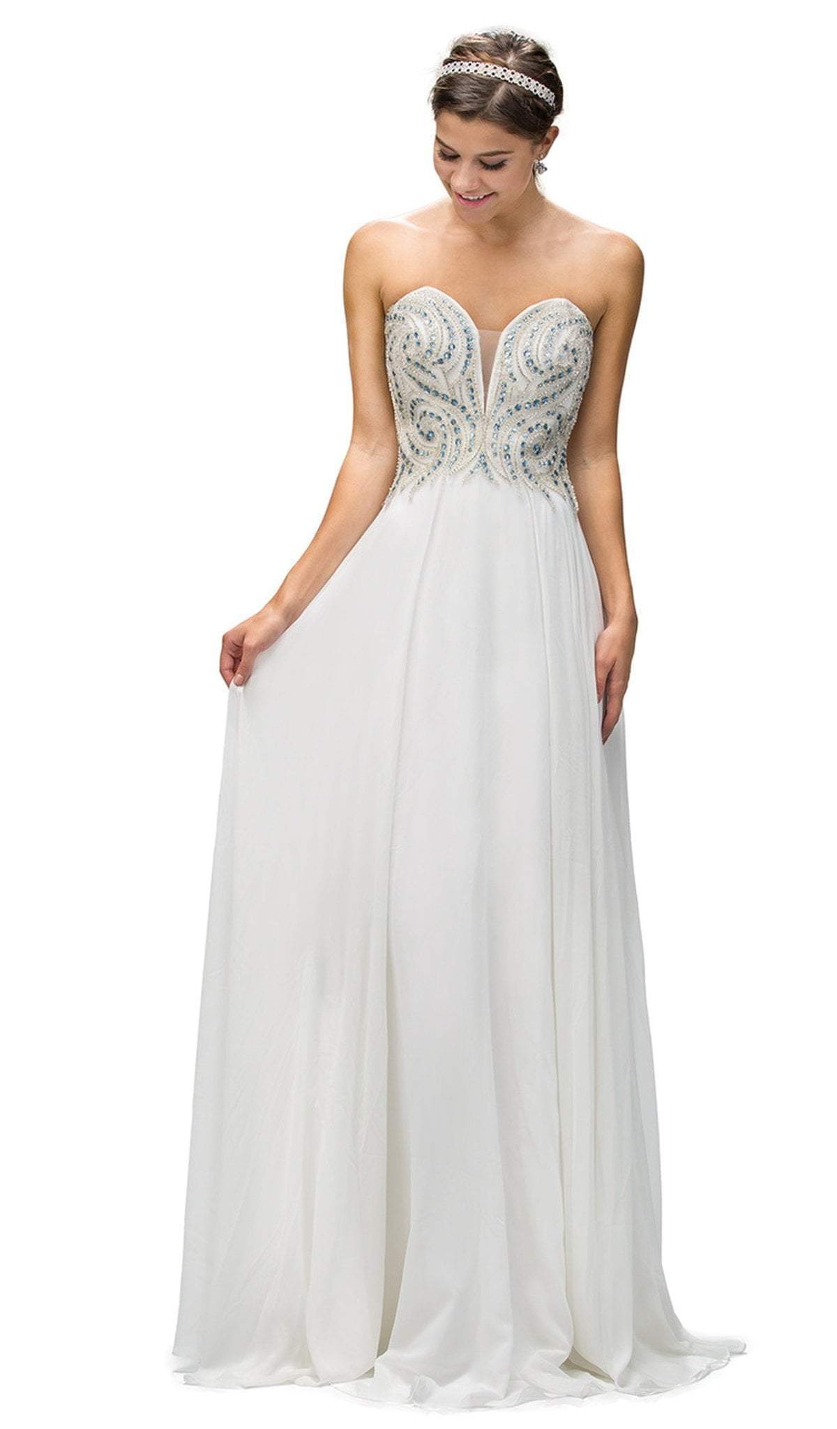 Dancing Queen - 9255 Plunging Beaded Sweetheart Long Evening Dress Evening Dresses XS / White/ Aqua