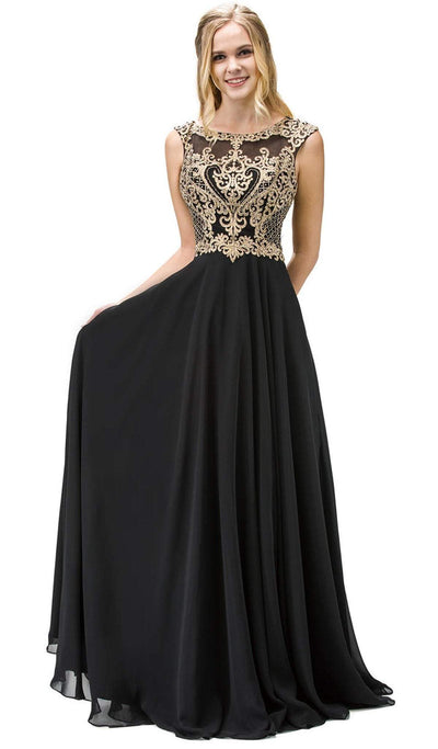 Dancing Queen - 9266 Embroidered-Lace Bodice Chiffon Long Prom Dress Special Occasion Dress XS / Black