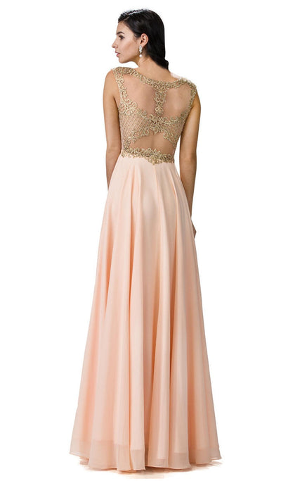 Dancing Queen - 9266 Embroidered-Lace Bodice Chiffon Long Prom Dress Special Occasion Dress XS / Peach