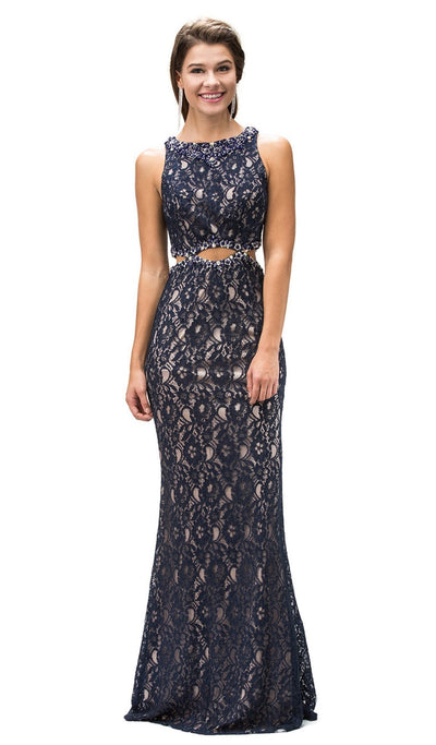 Dancing Queen - 9271 Sleeveless Jewel Neck Lace Cutout Prom Dress Special Occasion Dress XS / Navy
