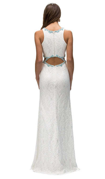 Dancing Queen - 9271 Sleeveless Jewel Neck Lace Cutout Prom Dress Special Occasion Dress XS / Off White/ Aqua