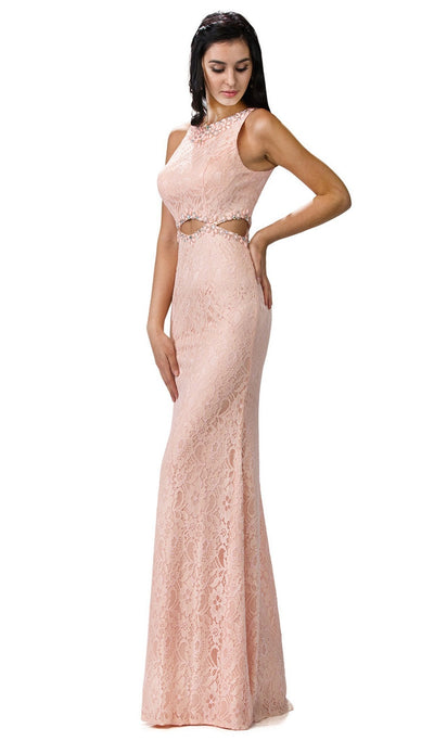 Dancing Queen - 9271 Sleeveless Jewel Neck Lace Cutout Prom Dress Special Occasion Dress XS / Peach