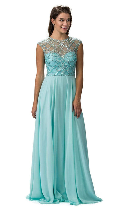 Dancing Queen - 9279 Embellished Sheer Bodice Cap-Sleeve Prom Dress Prom Dresses XS / Aqua