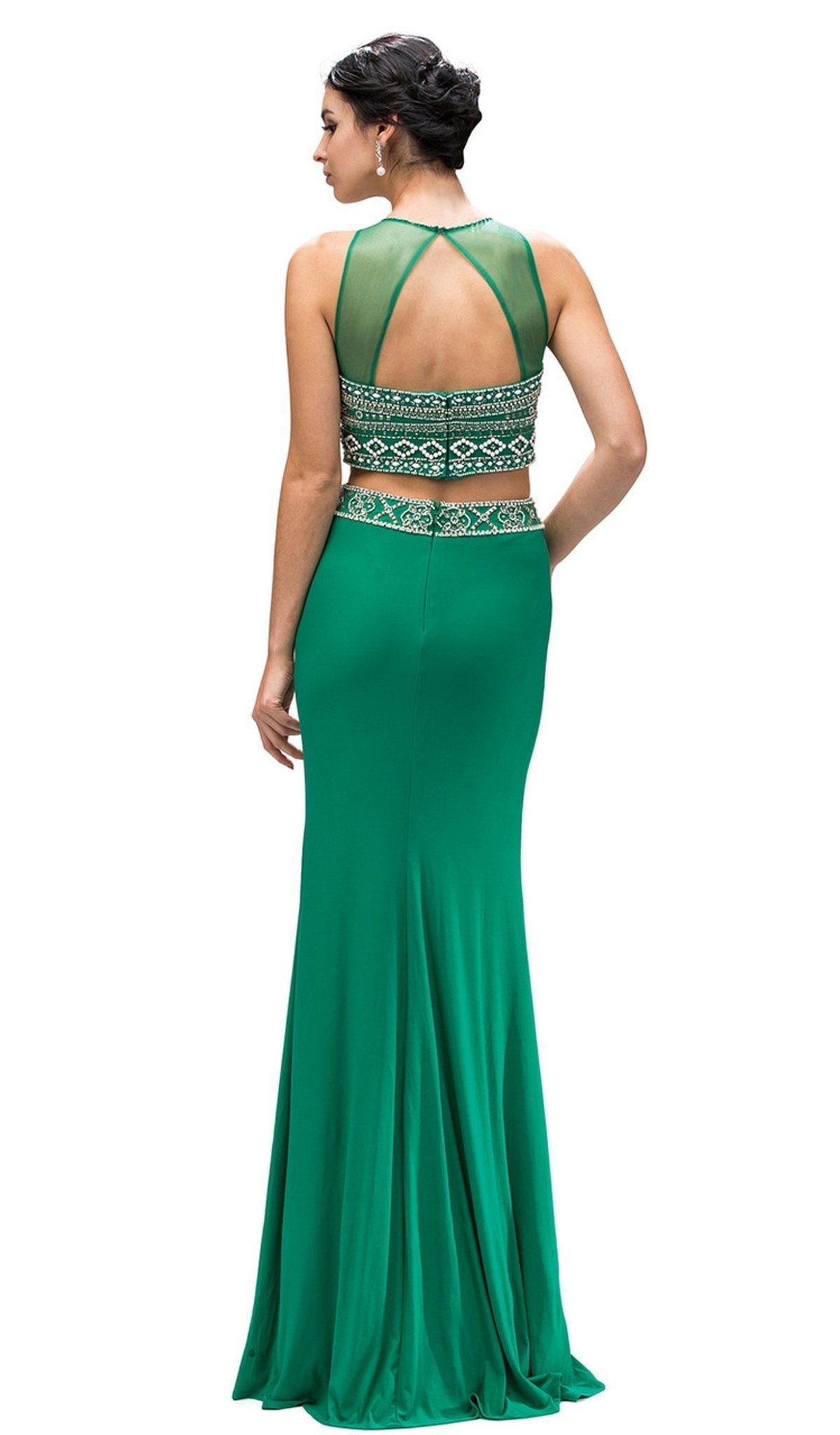 Dancing Queen - 9280 Bead Embellished Midriff Cutout Prom Dress Special Occasion Dress XS / Green