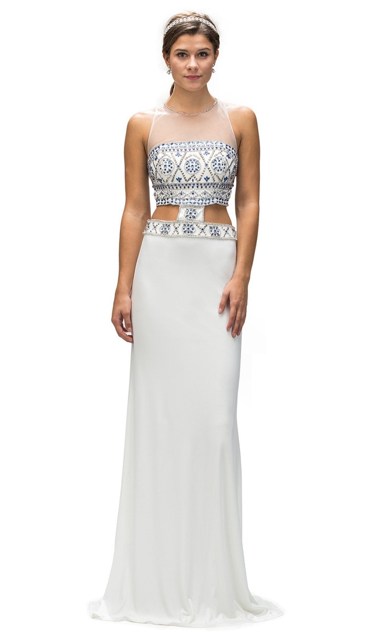 Dancing Queen - 9280 Bead Embellished Midriff Cutout Prom Dress Special Occasion Dress XS / White/Royal Blue