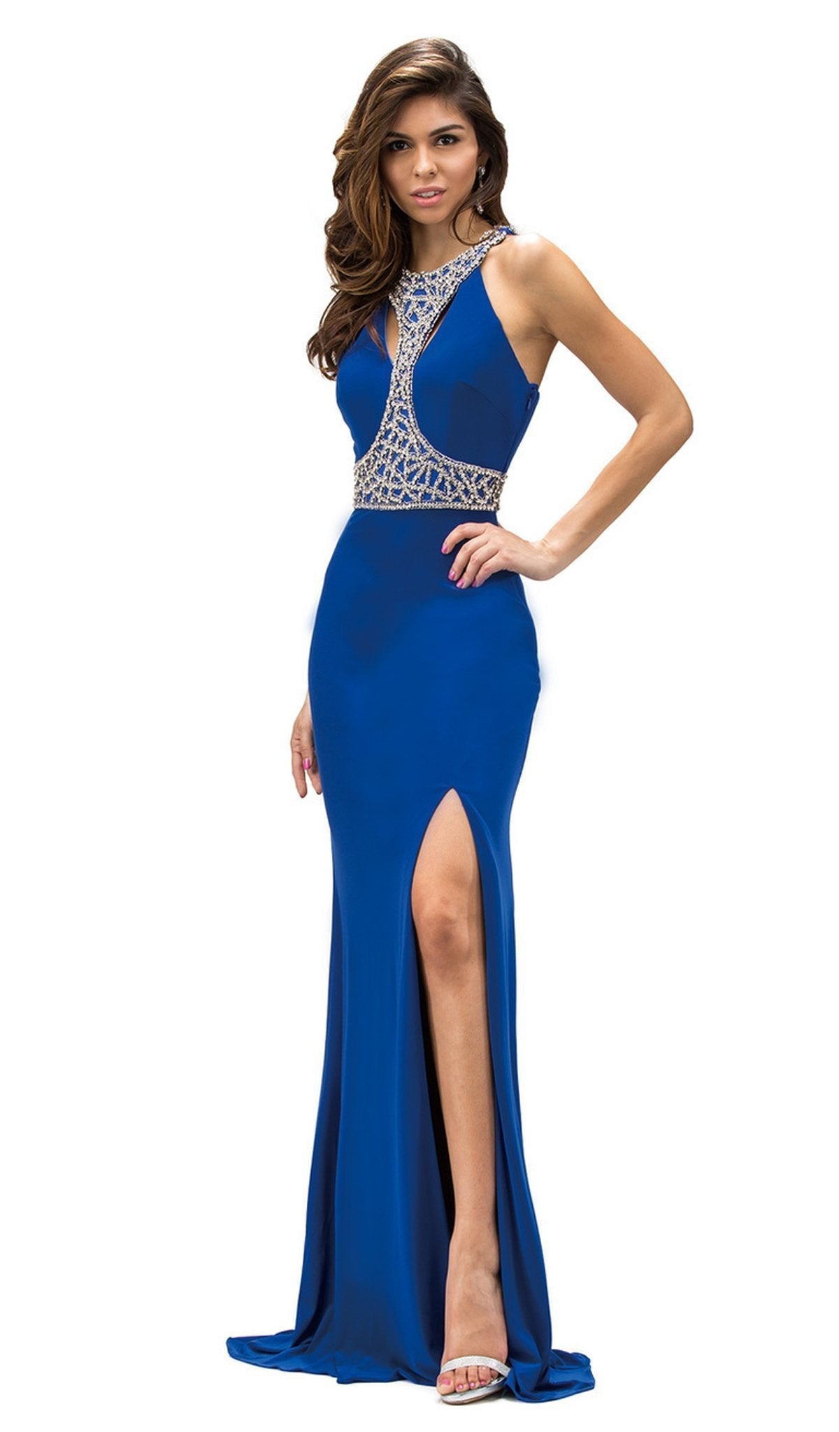 Dancing Queen - 9285 Sculpted Jewel-Encrusted High Slit Prom Dress Special Occasion Dress XS / Royal Blue