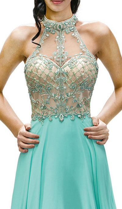 Dancing Queen - 9293 Exquisite Illusion High Halter Chiffon A-Line Gown Special Occasion Dress