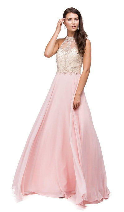 Dancing Queen - 9293 Exquisite Illusion High Halter Chiffon A-Line Gown Special Occasion Dress XS / Blush