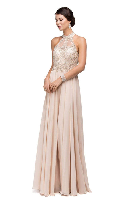Dancing Queen - 9293 Exquisite Illusion High Halter Chiffon A-Line Gown Special Occasion Dress XS / Champagne