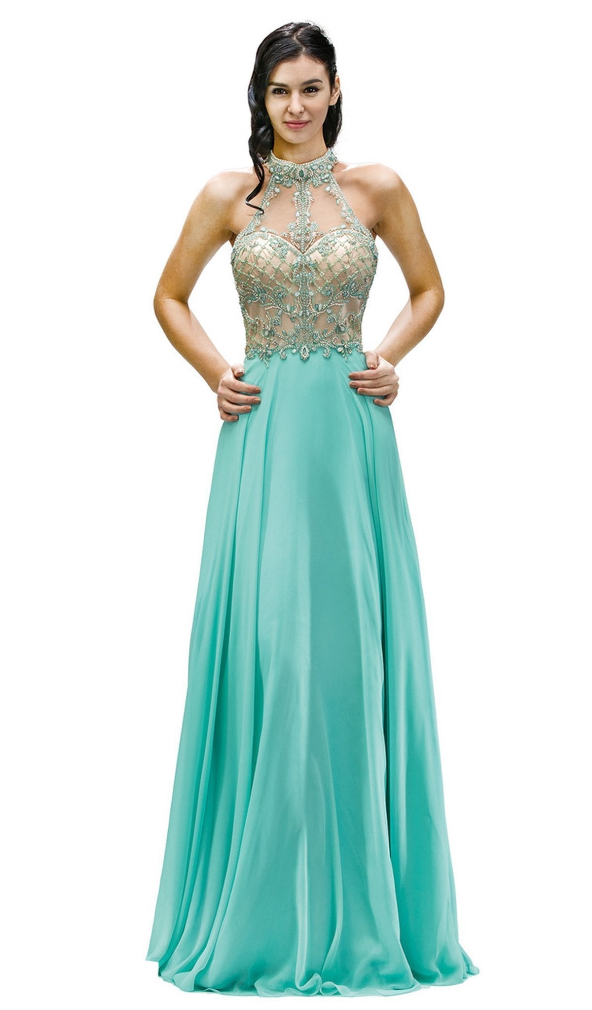 Dancing Queen - 9293 Exquisite Illusion High Halter Chiffon A-Line Gown Special Occasion Dress XS / Mint