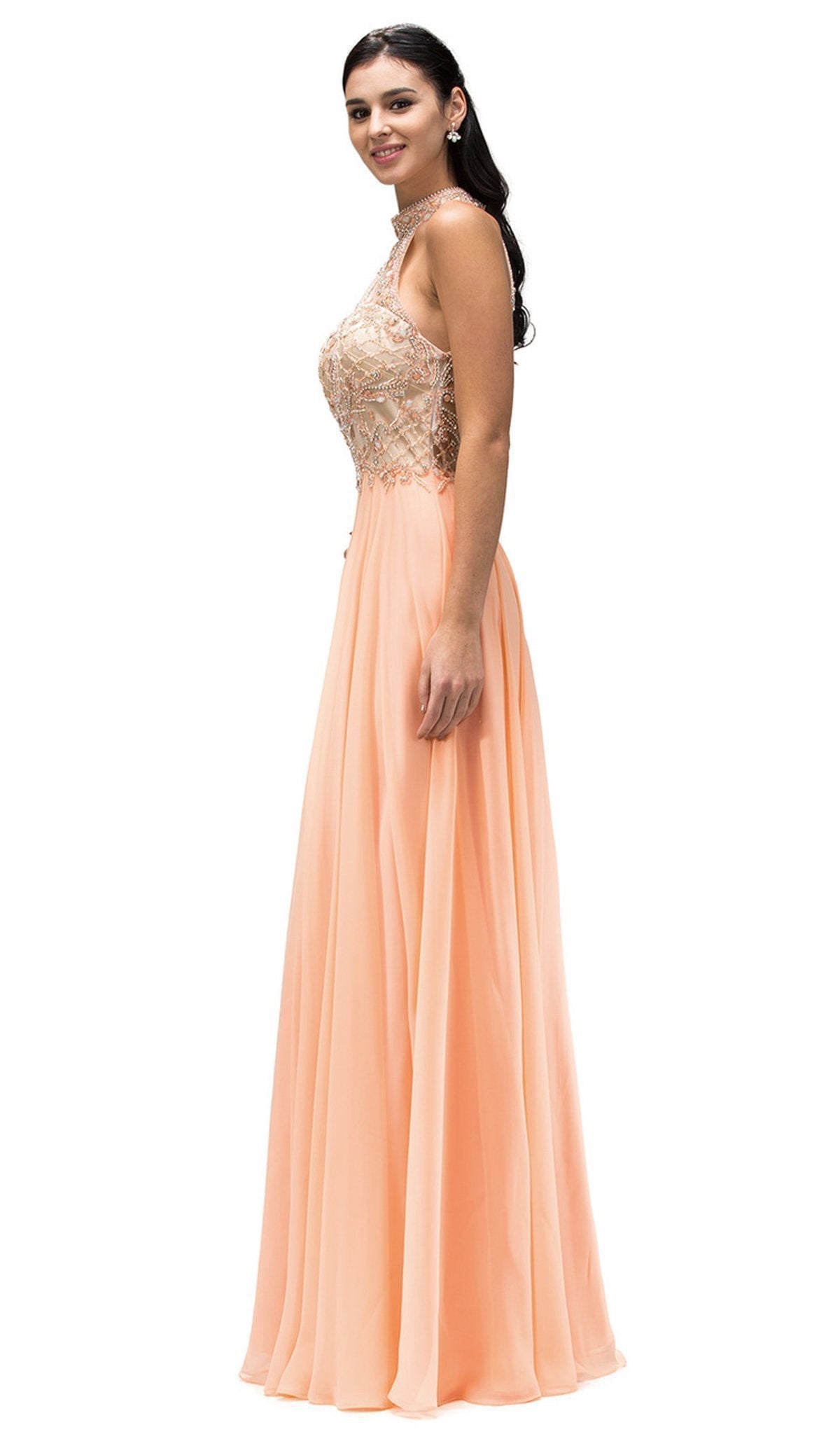 Dancing Queen - 9293 Exquisite Illusion High Halter Chiffon A-Line Gown Special Occasion Dress XS / Peach