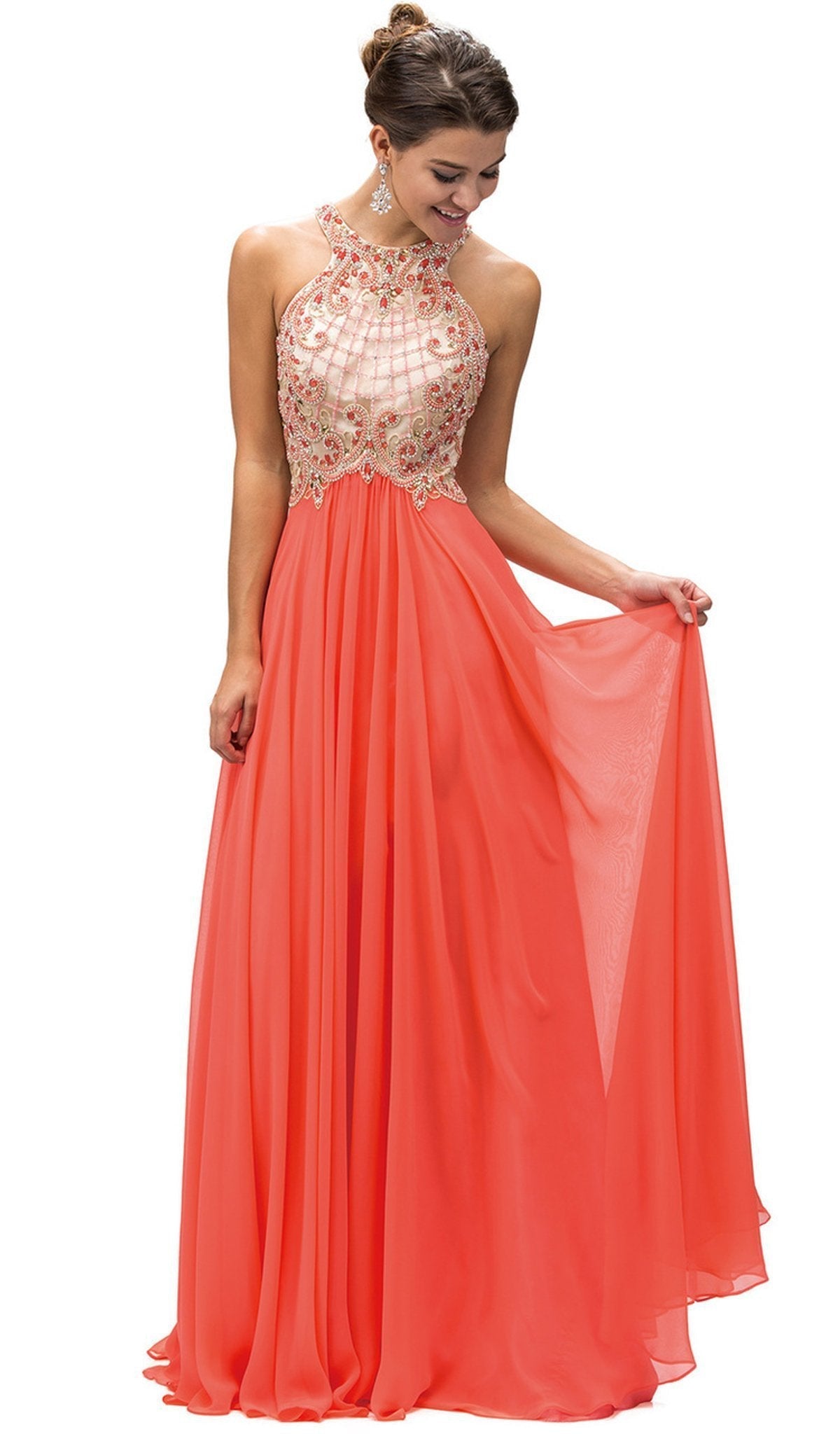 Dancing Queen - 9298 Embellished Halter A-line Evening Dress Special Occasion Dress XS / Coral