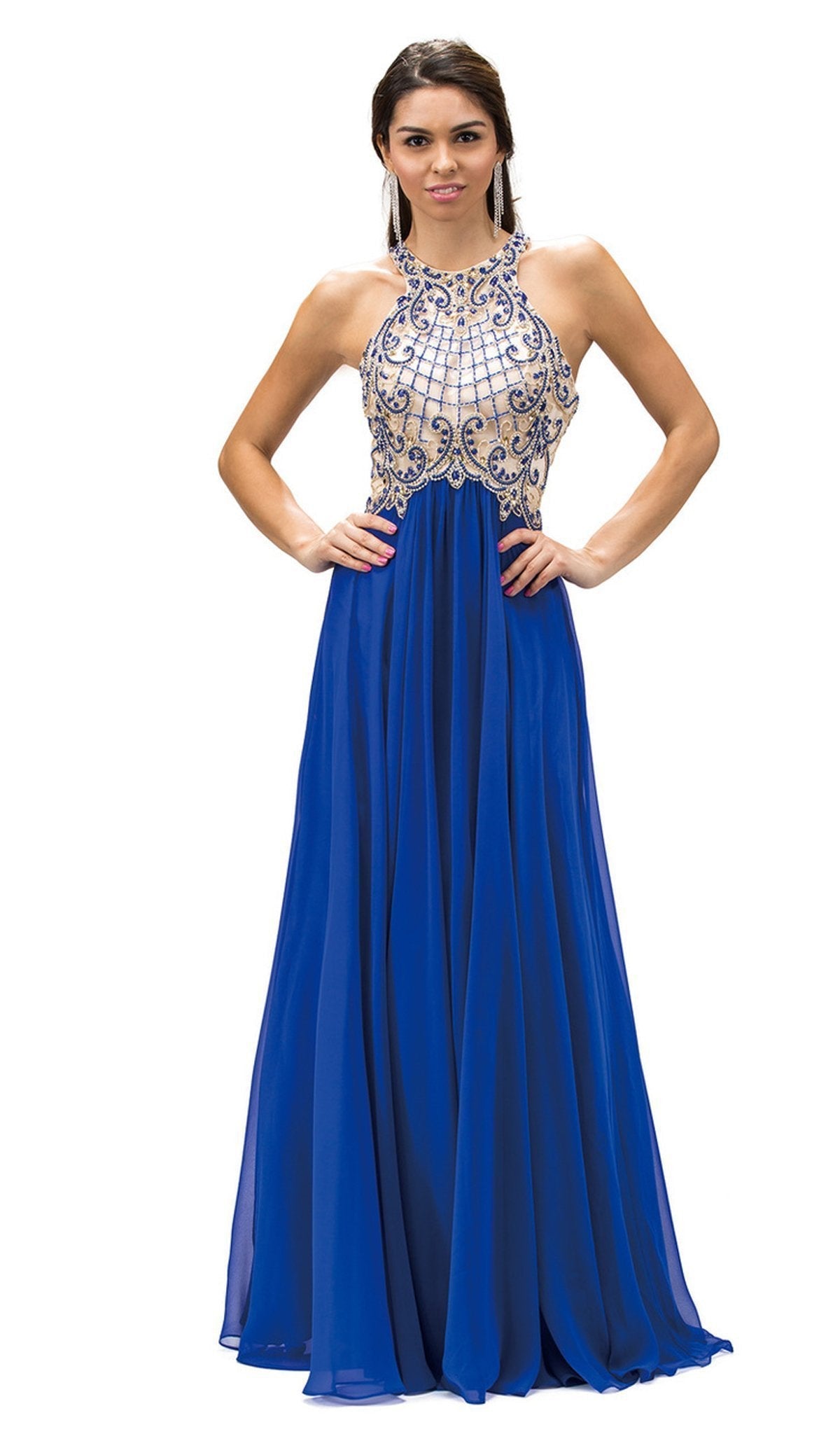 Dancing Queen - 9298 Embellished Halter A-line Evening Dress Prom Dresses XS / Royal Blue