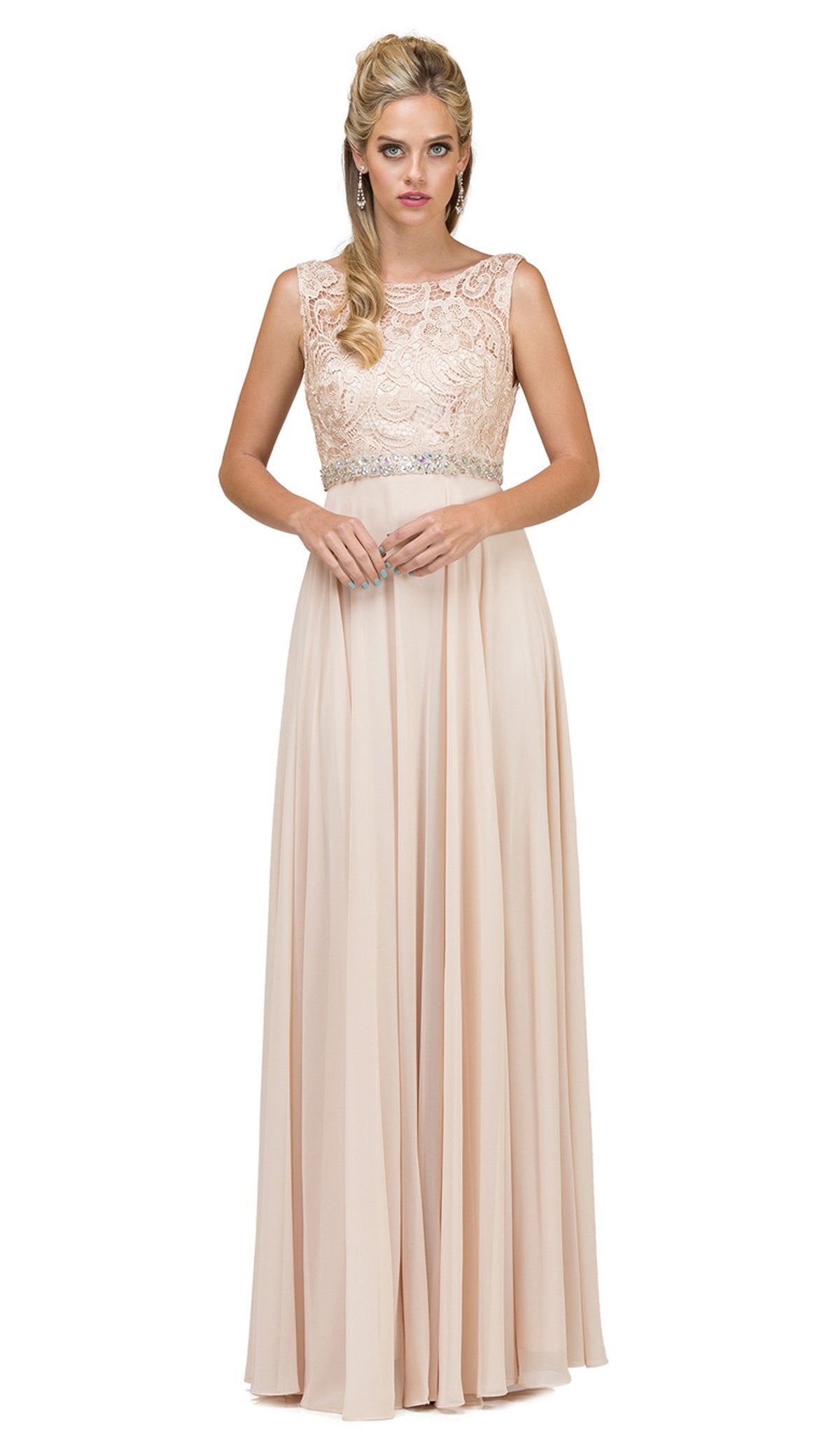 Dancing Queen - 9325 Embroidered Lace Scoop Neck Chiffon Prom Dress Special Occasion Dress XS / Champagne
