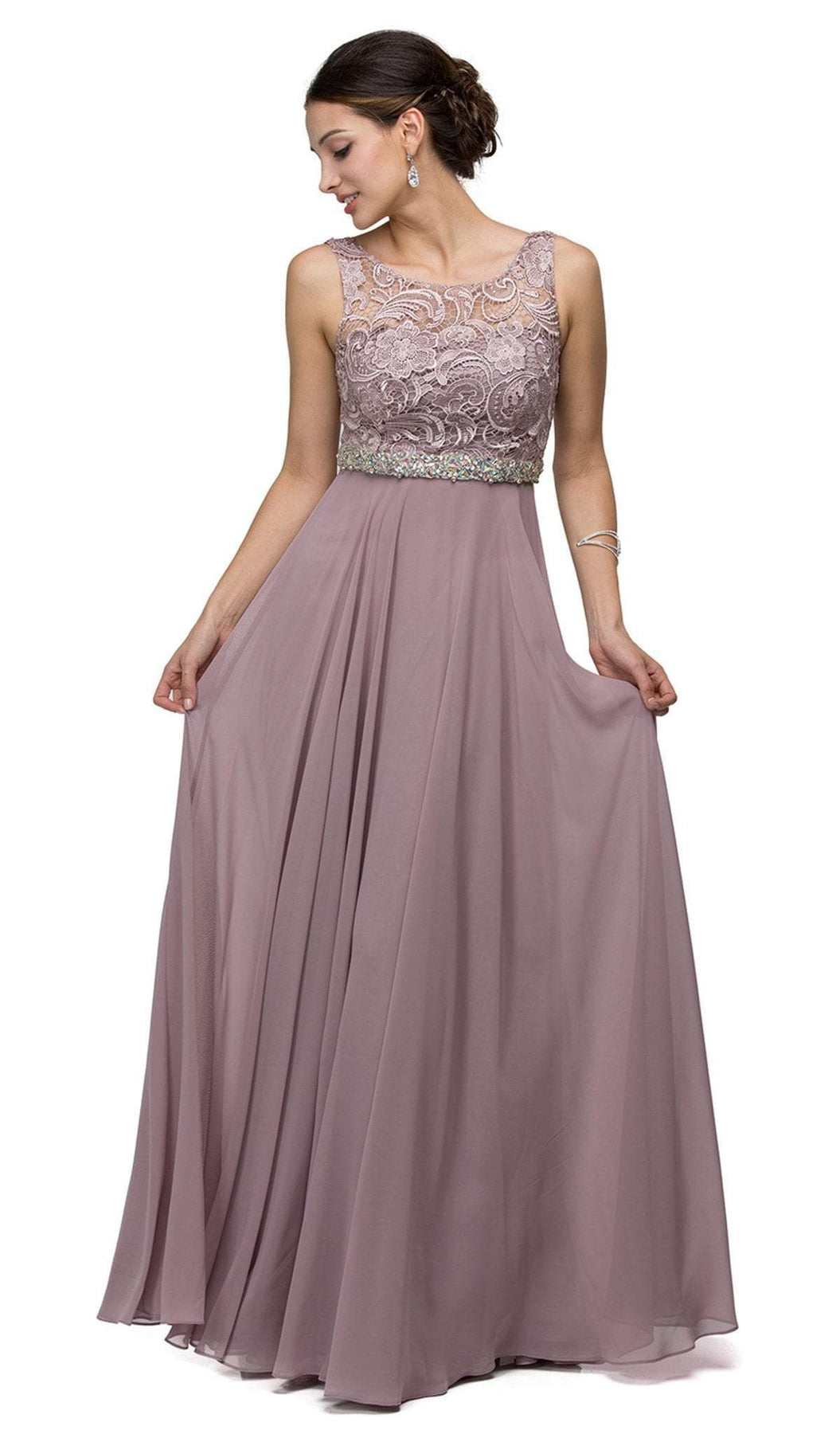 Dancing Queen - 9325 Embroidered Lace Scoop Neck Chiffon Prom Dress Prom Dresses XS / Mocha