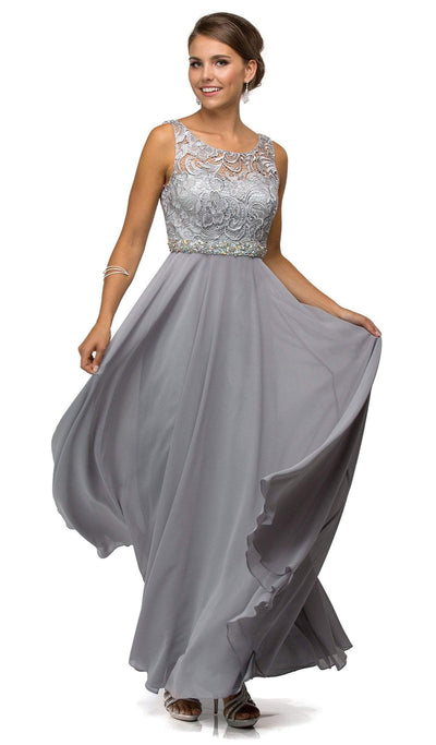 Dancing Queen - 9325 Embroidered Lace Scoop Neck Chiffon Prom Dress Special Occasion Dress XS / Silver