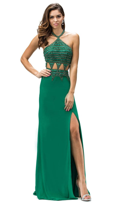 Dancing Queen - 9338 Embellished Halter Sheath Prom Dress Prom Dresses XS / Green