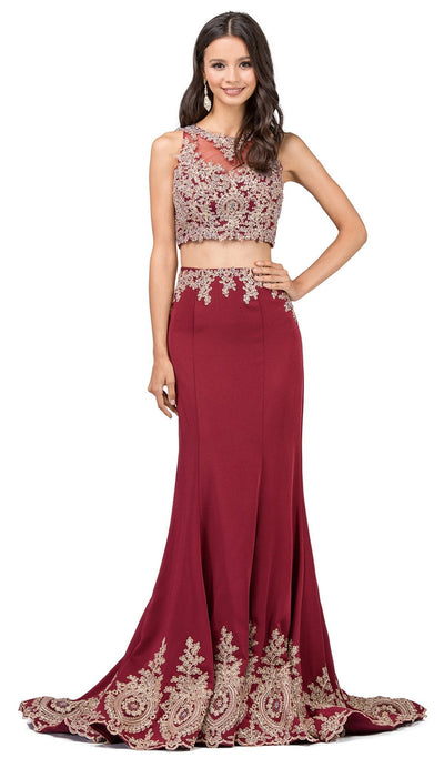 Dancing Queen - 9391 Laced High Neck Two-Piece Mermaid Prom Dress Special Occasion Dress XS / Burgundy
