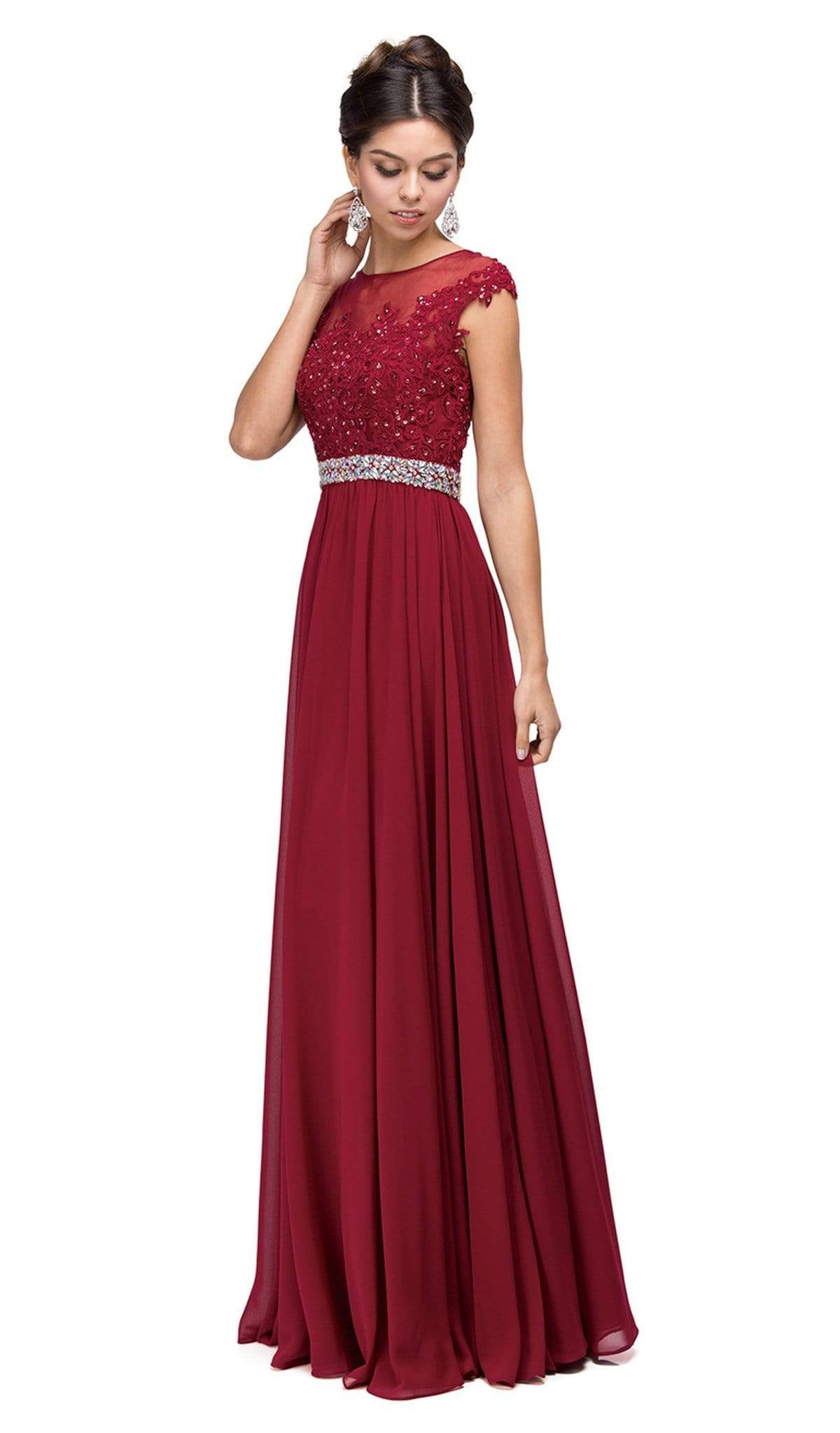 Dancing Queen - 9400 Illusion Neckline Beaded Belt A-Line Dress Bridesmaid Dresses XS / Burgundy