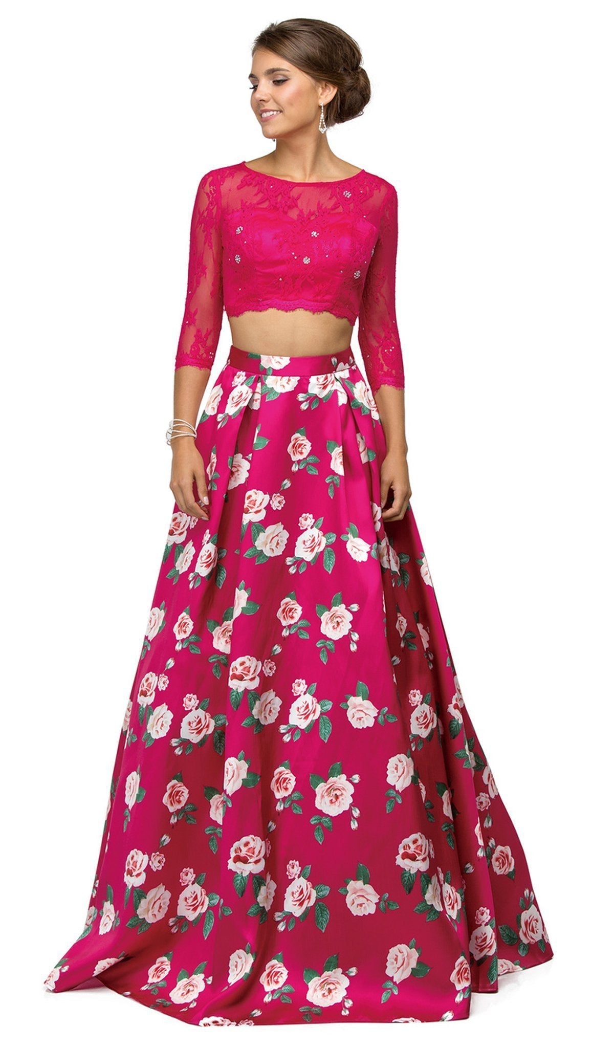 Dancing Queen - 9452 Embellished Two Piece  Floral Print Prom Dress Special Occasion Dress XS / Fuchsia/Fuchsia Print