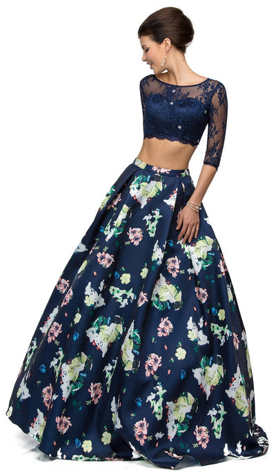 Dancing Queen - 9452 Embellished Two Piece  Floral Print Prom Dress Special Occasion Dress XS / Navy/Navy Print