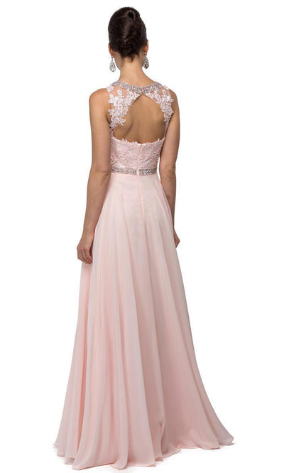 Dancing Queen - 9458SC Embellished Illusion Bateau Long Gown In Pink