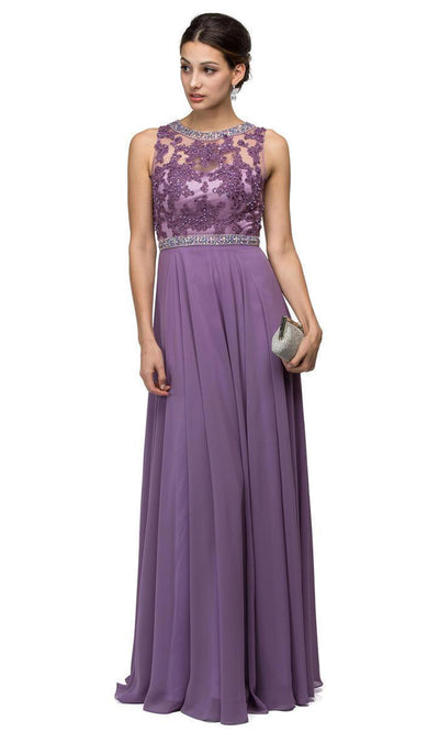 Dancing Queen - 9458SC Embellished Illusion Bateau Long Gown In Purple