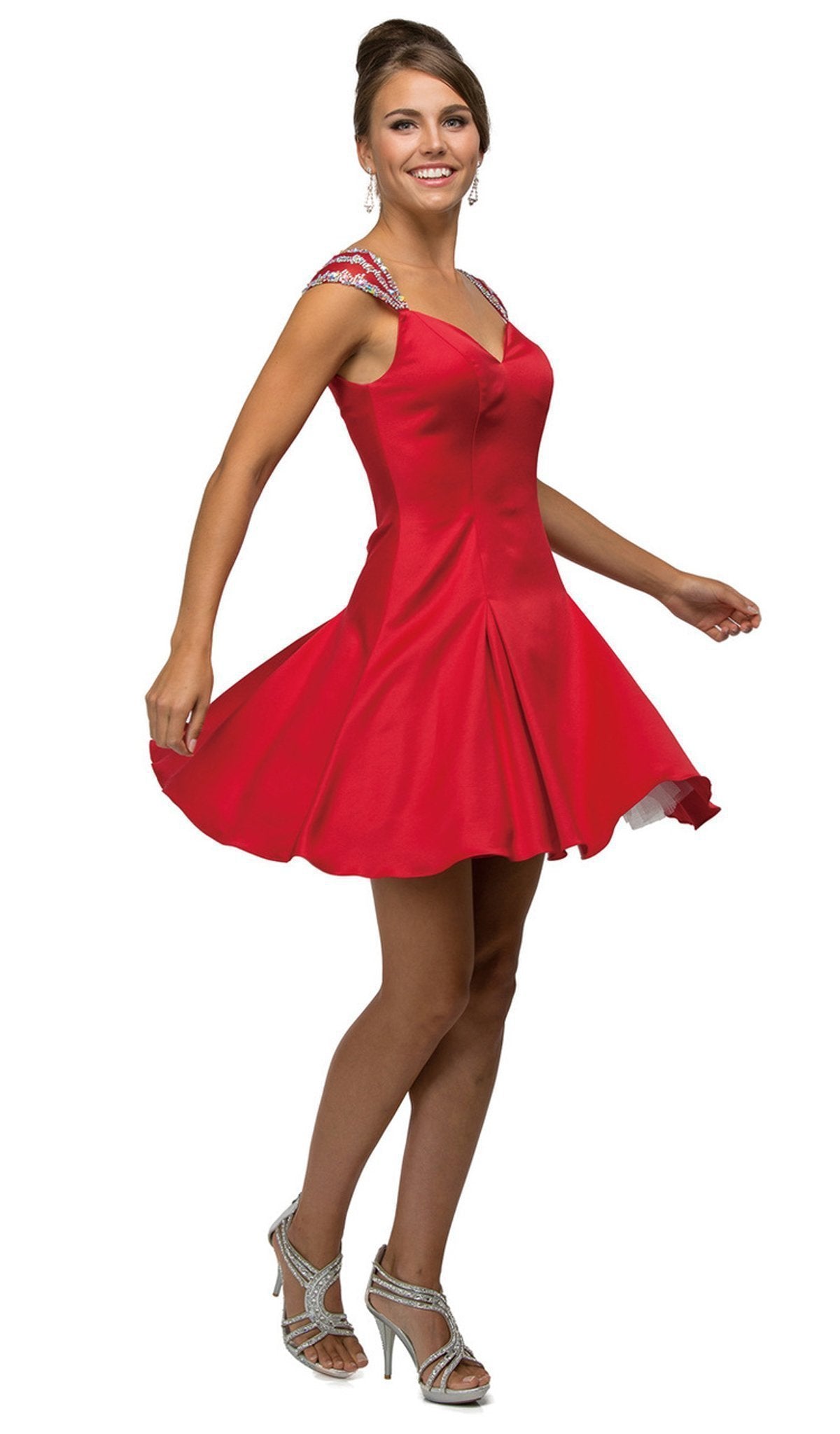Dancing Queen - 9476 Jeweled Cap Sleeve Sweetheart Satin Cocktail Dress Cocktail Dresses XS / Red