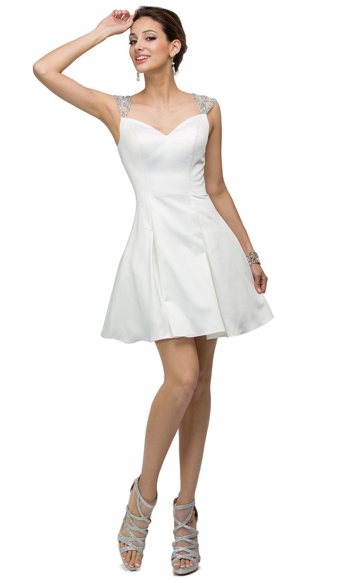 Dancing Queen - 9476 Jeweled Cap Sleeve Sweetheart Satin Cocktail Dress Cocktail Dresses XS / White