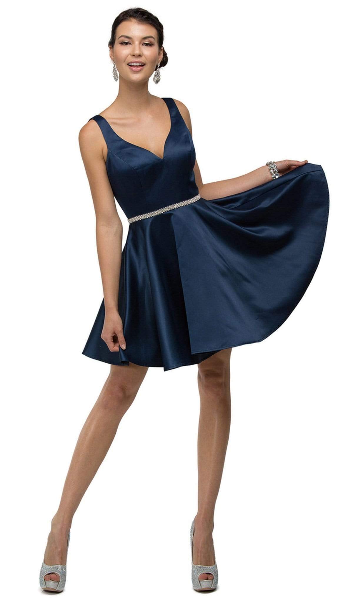 Dancing Queen - 9504 Sleeveless Sweetheart Satin Bejeweled Cocktail Dress Cocktail Dresses XS / Navy