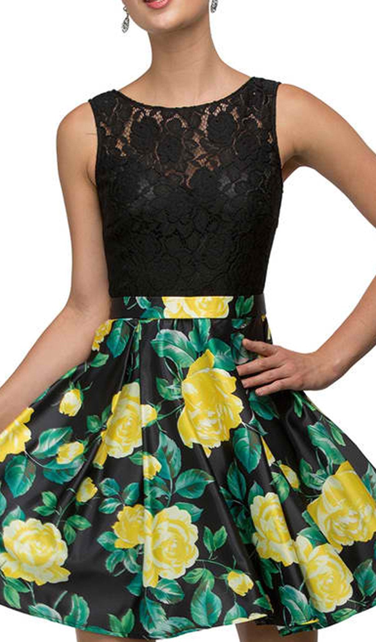 Dancing Queen - 9517 Floral Print Illusion A-Line Cocktail Dress Special Occasion Dress