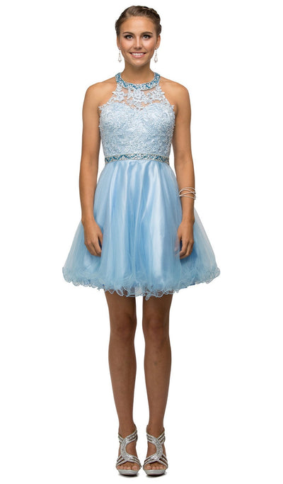 Dancing Queen - 9534 Bejeweled Collar Halter Lace A-Line Homecoming Dress Homecoming Dresses XS / Periwinkle