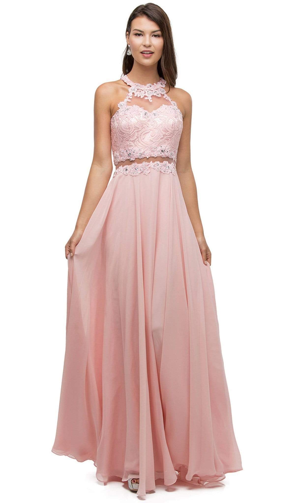 Dancing Queen - 9548 Jeweled Illusion Halter Chiffon Prom Dress Prom Dresses XS / Blush