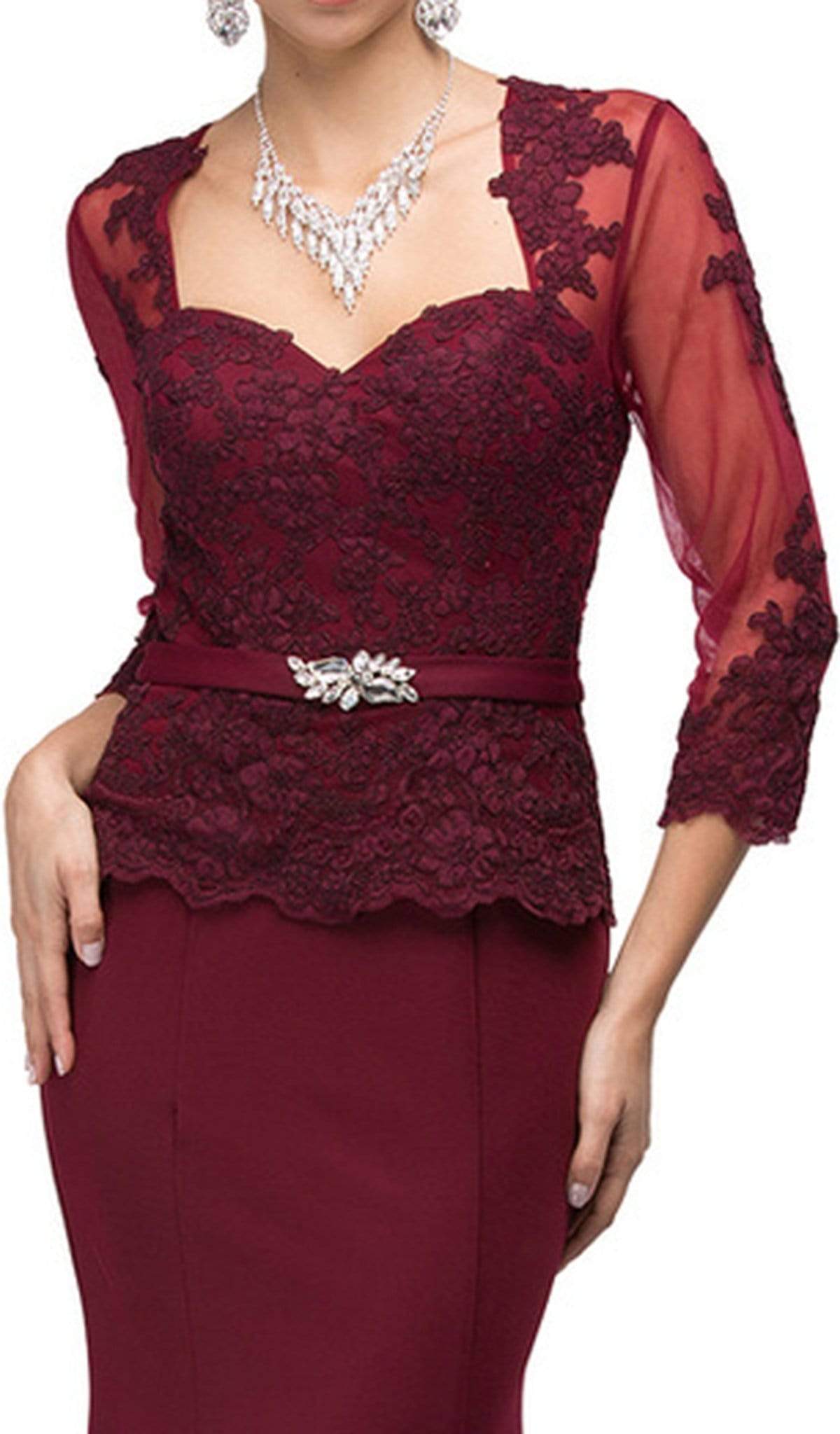 Dancing Queen - 9573 Sheer Sleeves Majestic Lacy Bodice Long Formal Dress Mother of the Bride Dresses XS / Burgundy