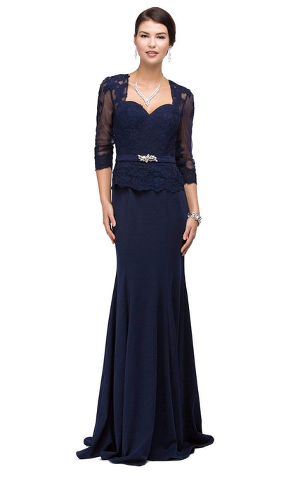 Dancing Queen - 9573 Sheer Sleeves Majestic Lacy Bodice Long Formal Dress Mother of the Bride Dresses XS / Navy