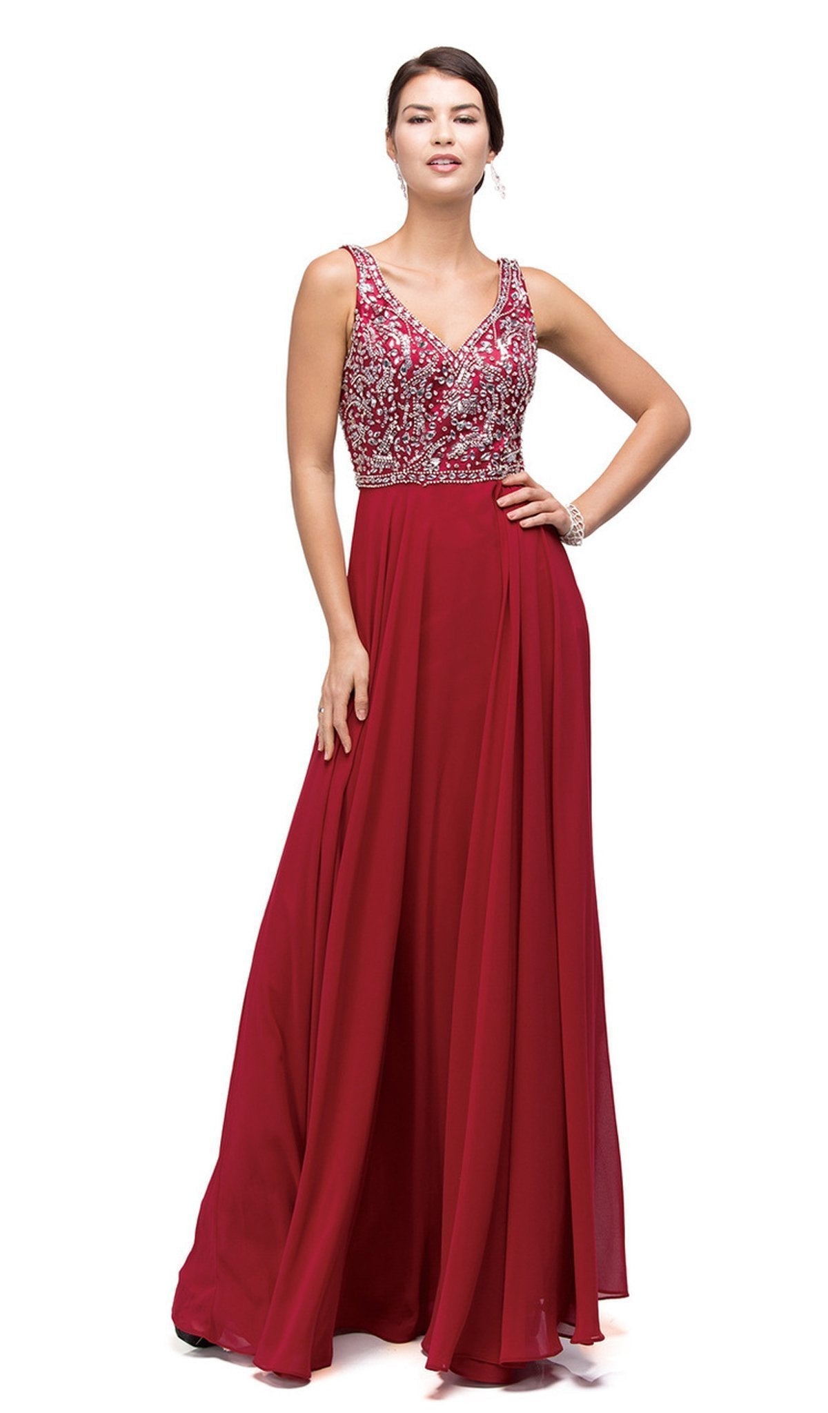 Dancing Queen - 9589 Beaded Bodice Chiffon A-line Prom Dress Prom Dresses XS / Burgundy