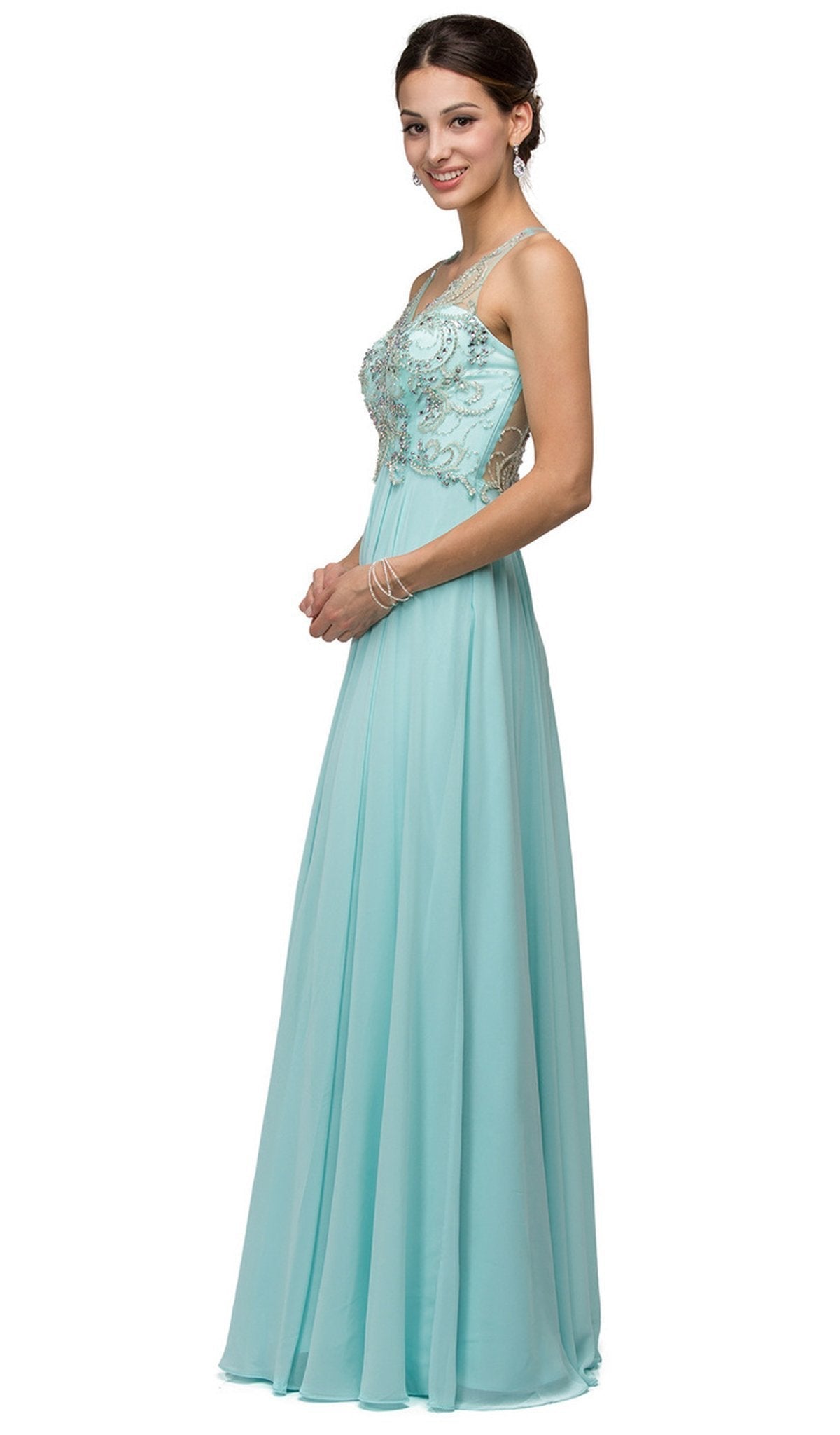 Dancing Queen - 9603 Long Lace Adorned Illusion A-Line Prom Dress Prom Dresses XS / Aqua