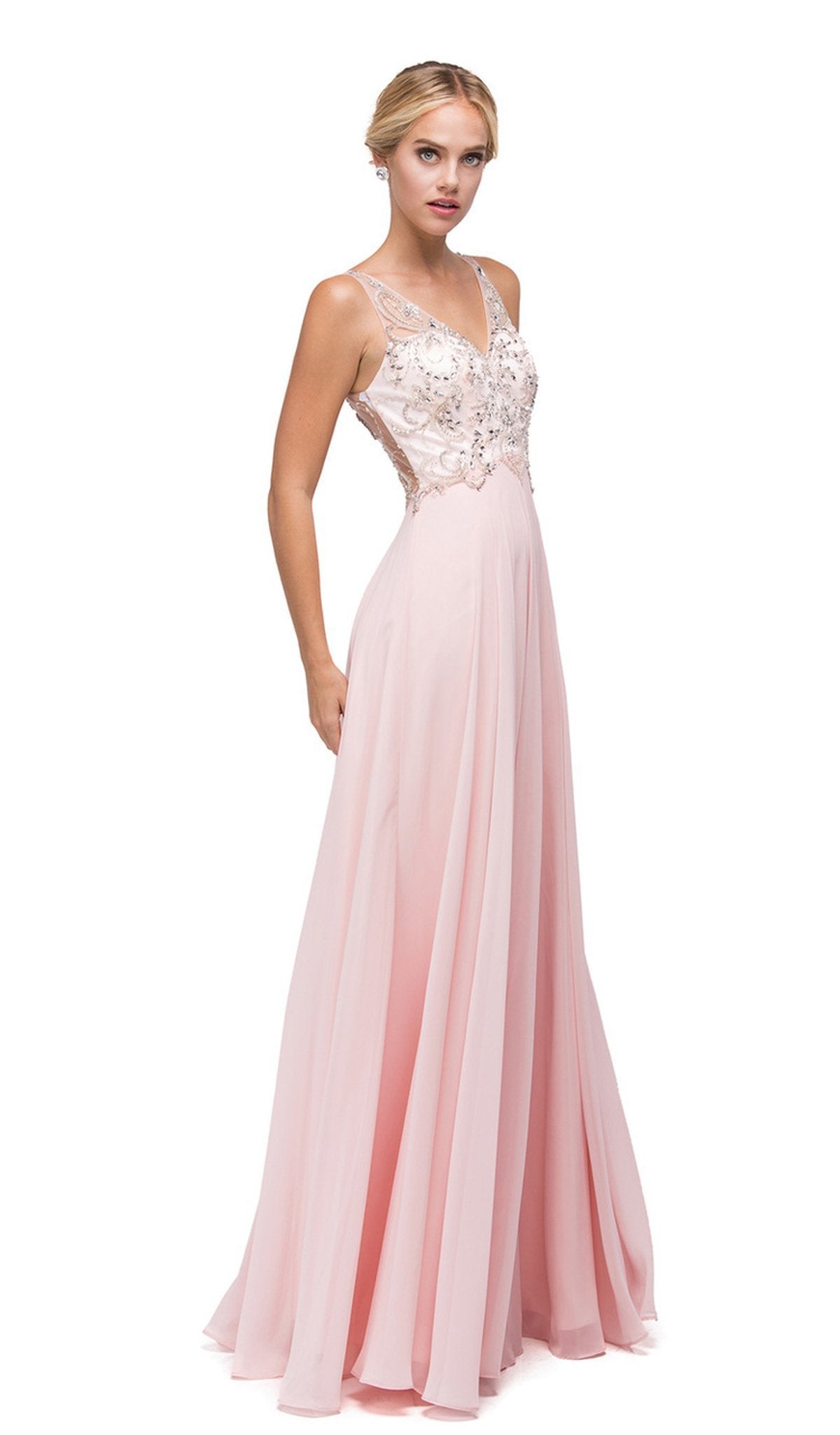 Dancing Queen - 9603 Long Lace Adorned Illusion A-Line Prom Dress Prom Dresses XS / Blush