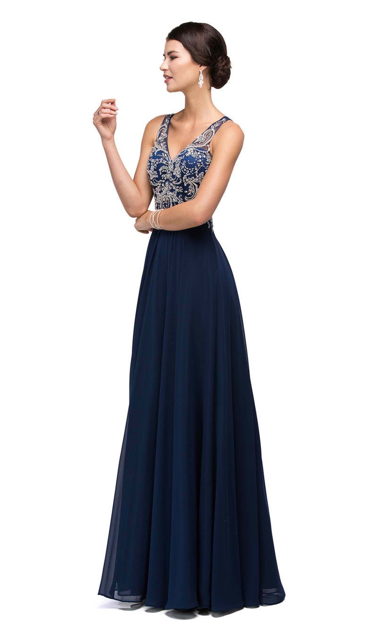 Dancing Queen - 9603 Long Lace Adorned Illusion A-Line Prom Dress Prom Dresses XS / Navy