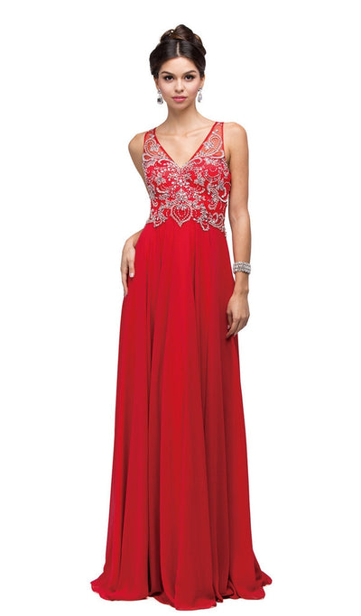 Dancing Queen - 9603 Long Lace Adorned Illusion A-Line Prom Dress Prom Dresses XS / Red