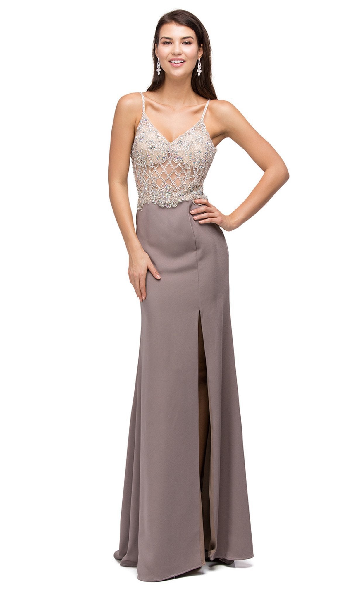 Dancing Queen - 9650 Sheer Jewel Embellished Bodice Evening Dress Special Occasion Dress XS / Mocha